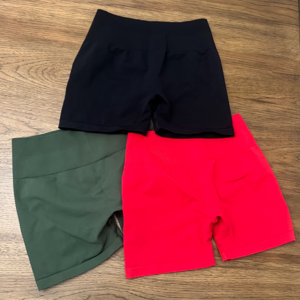 Women’s Bike Shorts Trio — Black, Forest Green, Bright Red